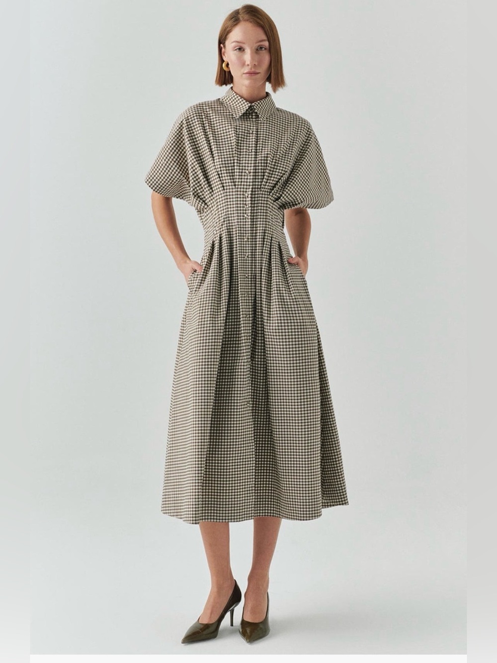 Anthropologie Exquise Tobie Studded shirt dress in brown and white gingham. S.